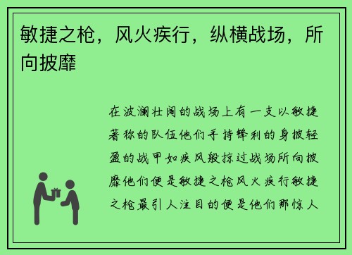 敏捷之枪，风火疾行，纵横战场，所向披靡